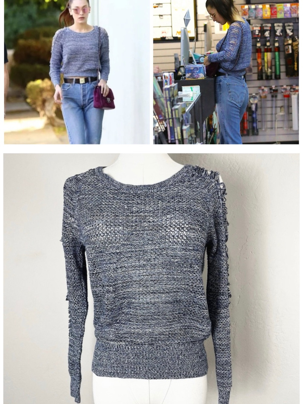 IRO Yana Blue Heathered Shredded Sleeve 100% Cotton Knit Sweater ASO Bella Hadid